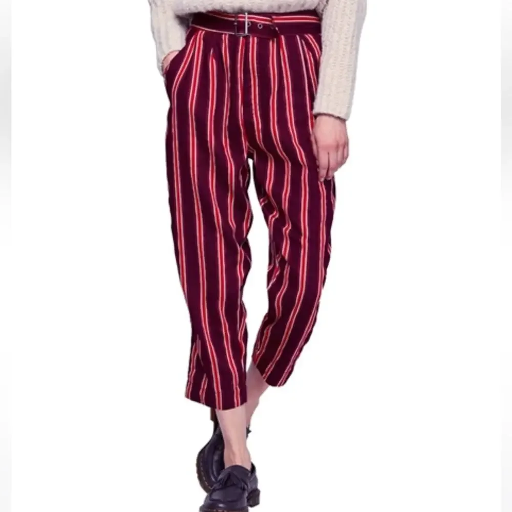 Free People Seemed Like Stripe Belted Crop Pant in Burgundy/Red Sz 2 Office Boho